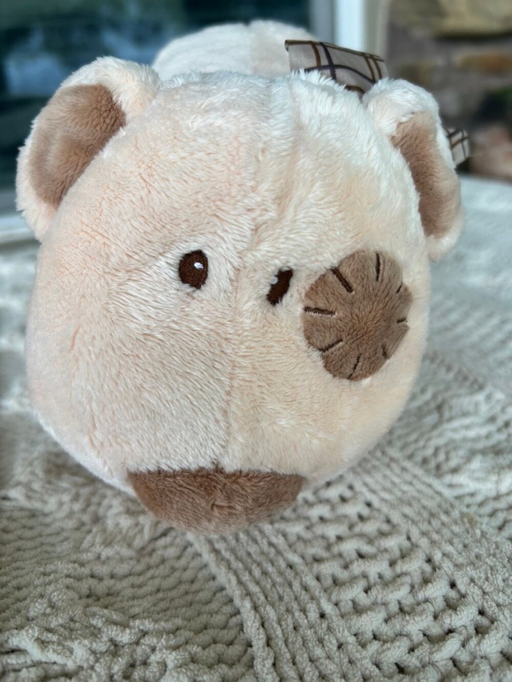 Vintage Soft Classics Beige Puppy Plush Dog 8" Brown Eye Patch Plaid Bow EUC